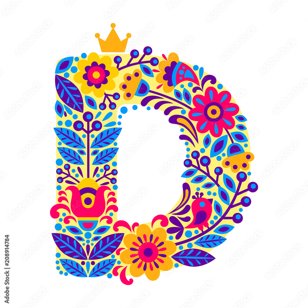 Decorative Letter D from flowers isolated on white background