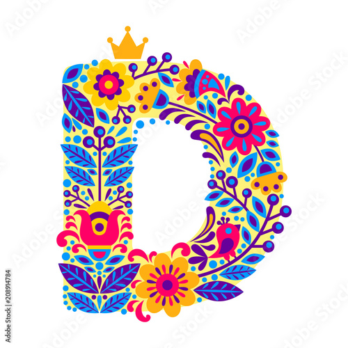 Decorative Letter D from flowers isolated on white background. Colorful character of alphabet letter font. Decoration plants and floral element for birthday, greeting, logo or book design