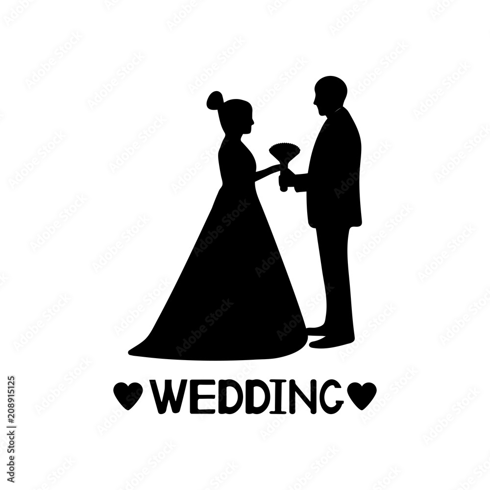 Black silhouettes of the bride and groom, hearts and word Wedding.
