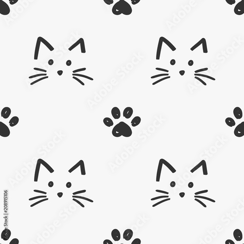 Fototapeta Cat faces and paws pattern