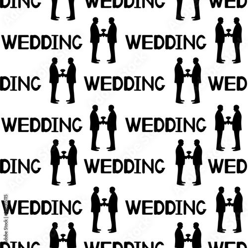 Seamless pattern with black silhouettes of the grooms and words wedding. Same-sex marriage.
