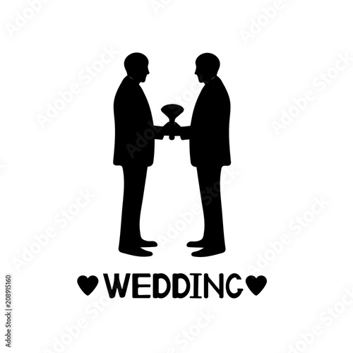 Black silhouettes of grooms, hearts and word wedding. Same-sex marriage.