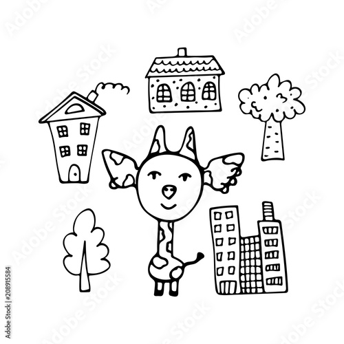 Fashionable hand-drawn giraffe the city dweller among skyscrapers.