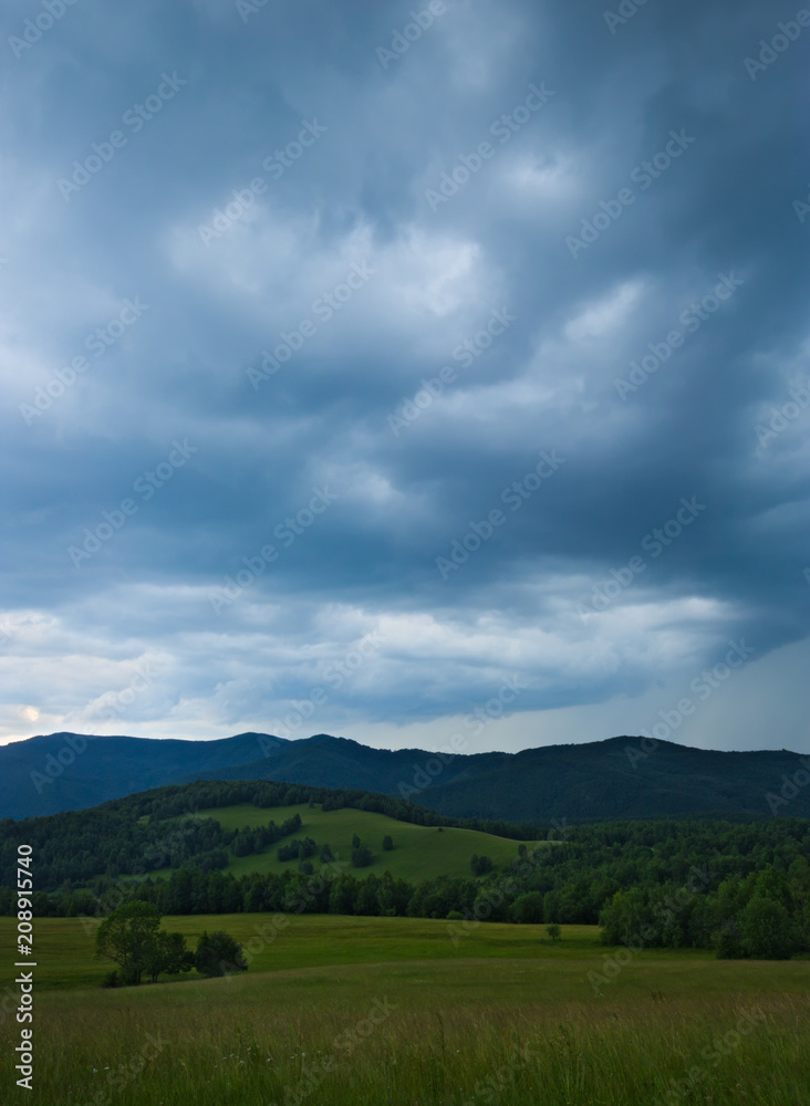 An incoming storm over the Carpathian hills in the Poloniny national park in Slovakia
