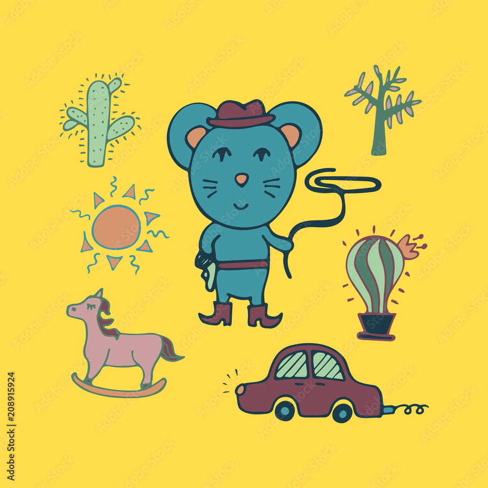 Hand-drawn mouse the cowboy with a lasso and in a hat.