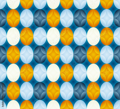 Seamless pattern made of oval abstract geometry shapes with inner starts in cold colors of shades of blue, white and gold - yellow on blue background, Easter egg imitation