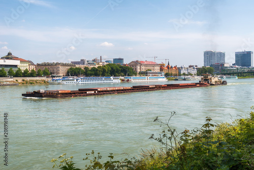Bratislava, Slovakia - May 24, 2018: Passenger ship on the Danube in front of the Slovak capital Bratislava - Slovakia.