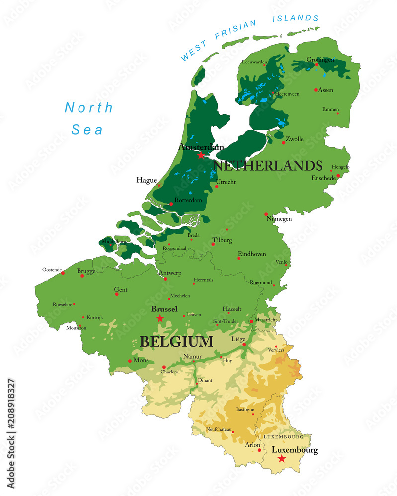 Fototapeta premium Mapa fizyczna Beneluksu