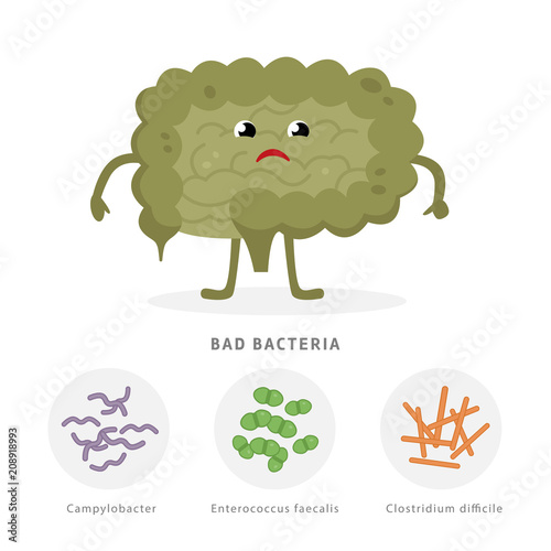 Bad bacteria concept illustration, sick intestine cartoon character isolated on white background. Gut dysbiosis with Campylobacter, Enterococcus faecalis, Clostridium difficile medical illustration