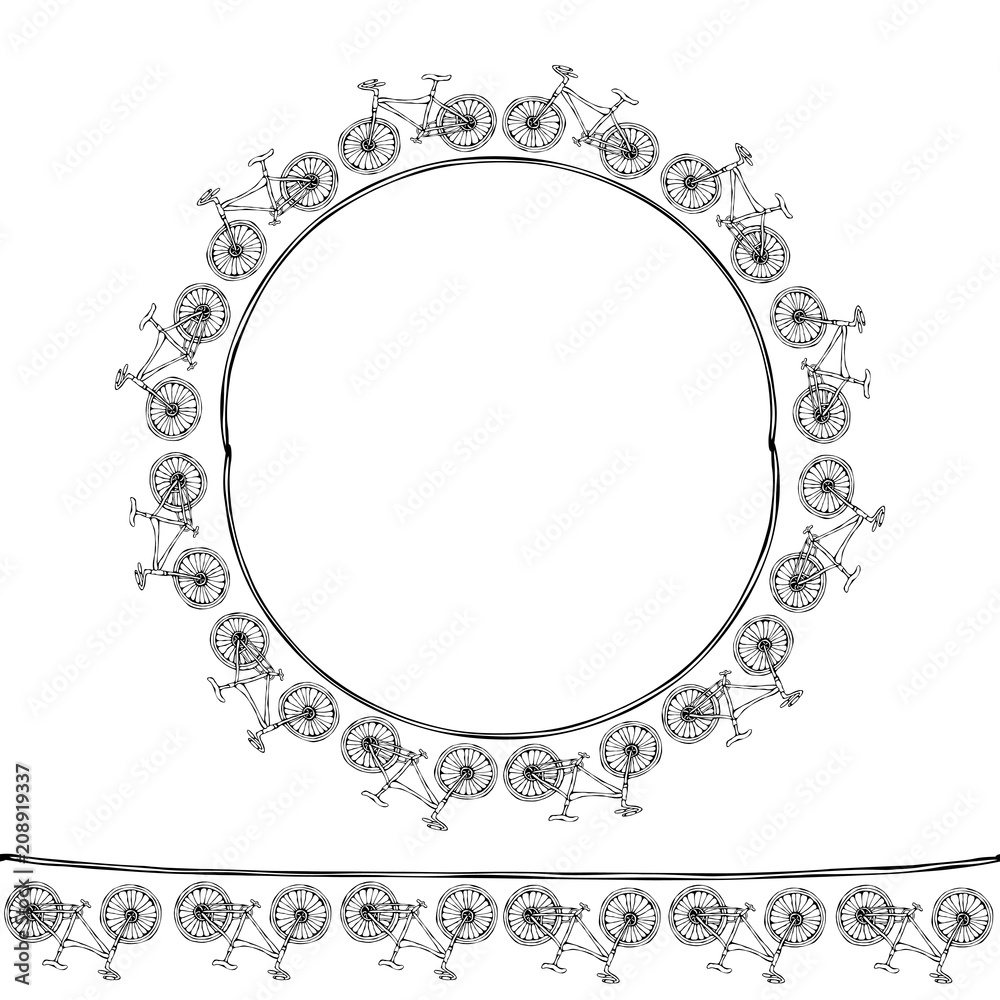 Endless Pattern Brush or Ribbon of Bicycles. Circle Frame Bike Background. Realistic Hand Drawn Illustration. Savoyar Doodle Style.