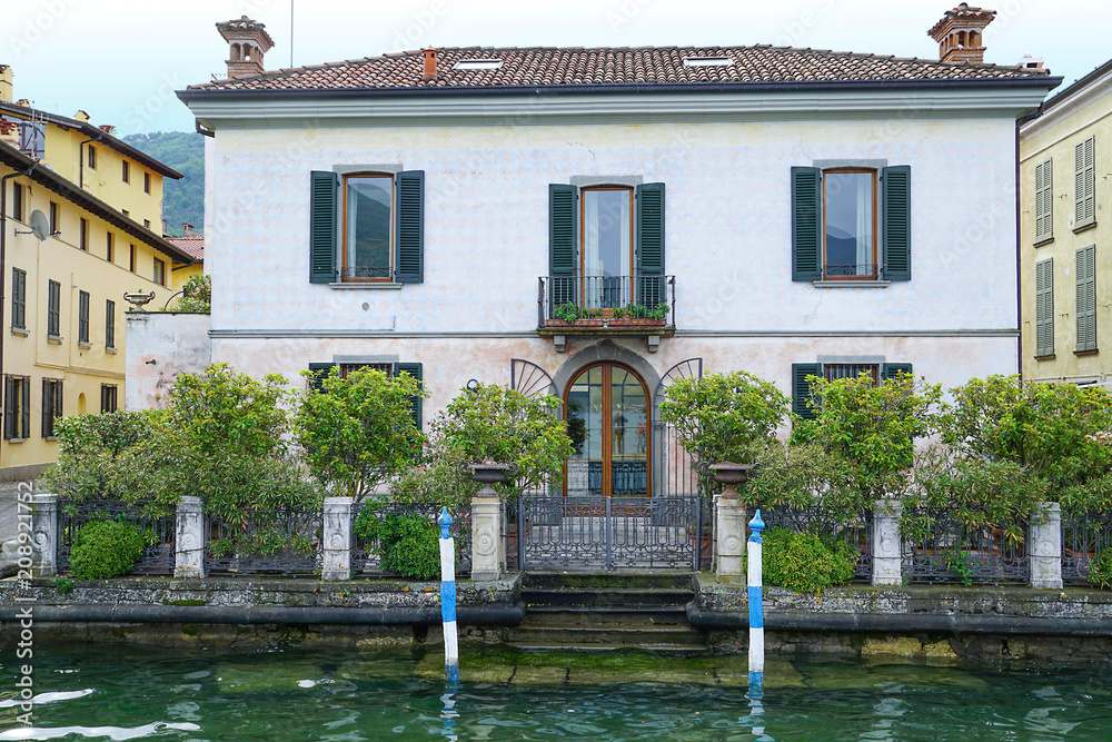 Villa in town Iseo on Lake Iseo, Italy. The Villa is on the shore of the Lake Iseo.