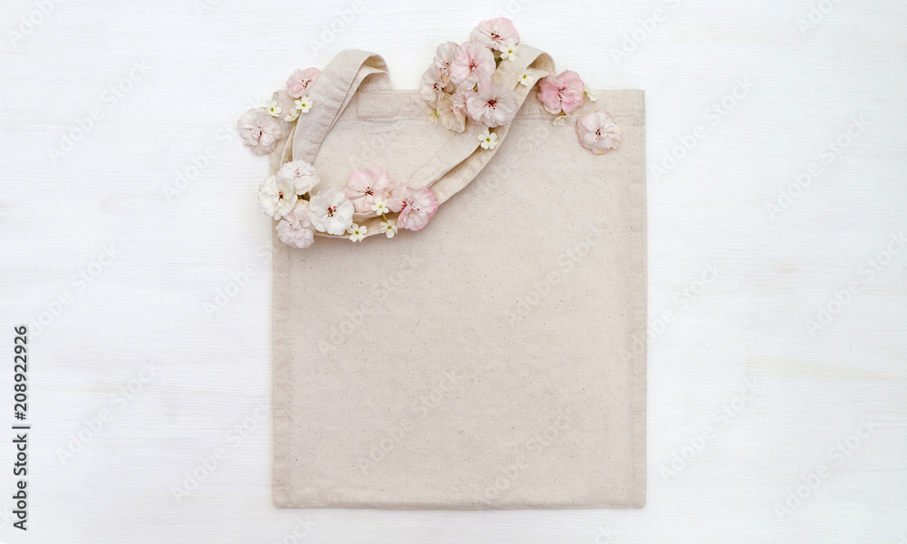 Shopping bag, tote bag mockup with flowers