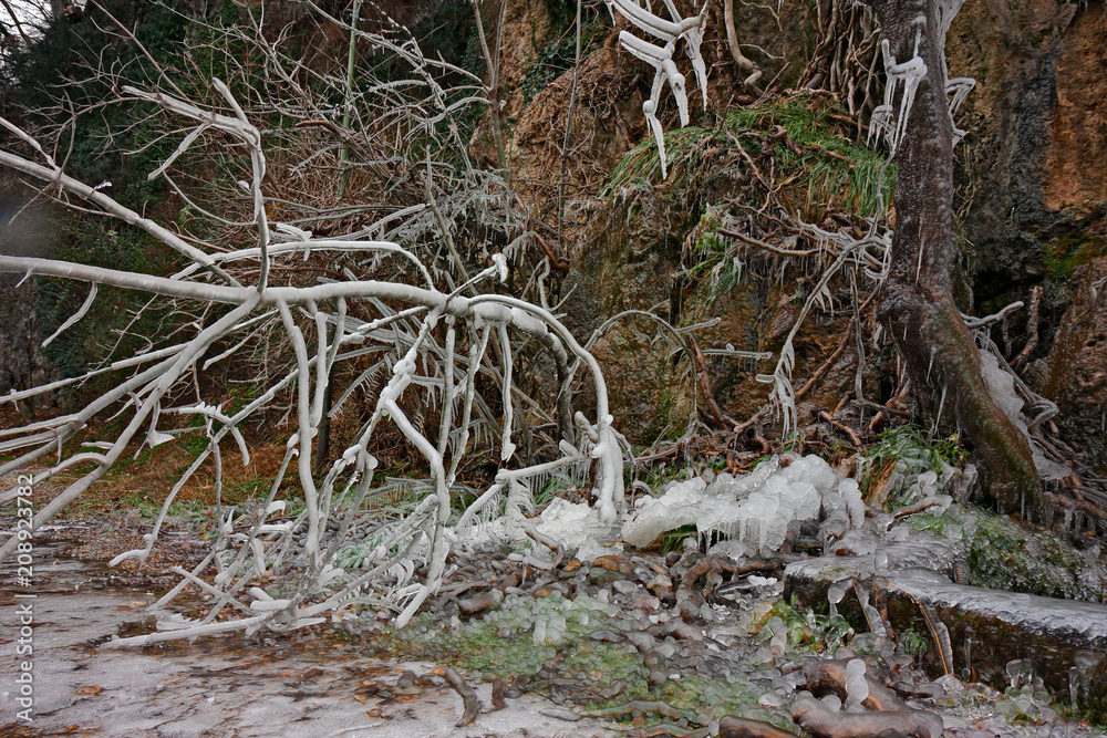 View of rocks and branches covered with ice on a cold winter day. View of rocks and branches covered with ice on a cold winter day.