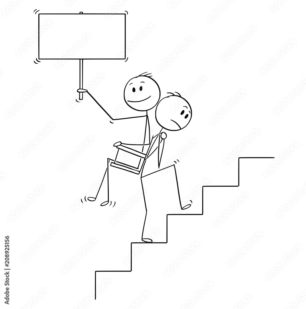 Cartoon stick drawing conceptual illustration of man or businessman carrying another man, manager or boss with empty sign upstairs on his back. Business concept of teamwork or favoritism. Cartoon stick drawing conceptual illustration of man or businessman carrying another man, manager or boss with empty sign upstairs on his back. Business concept of teamwork or favoritism.