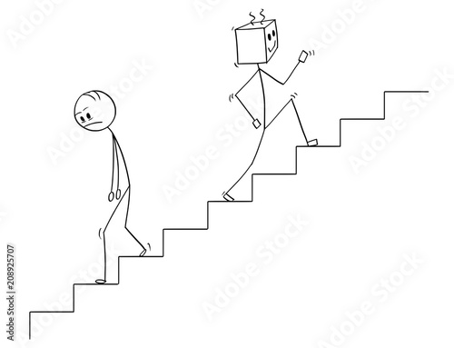 Cartoon stick man drawing conceptual illustration of human going down the stairs and robot moving up quickly. Concept of artificial intelligence or ai superiority and replacing declining mankind.