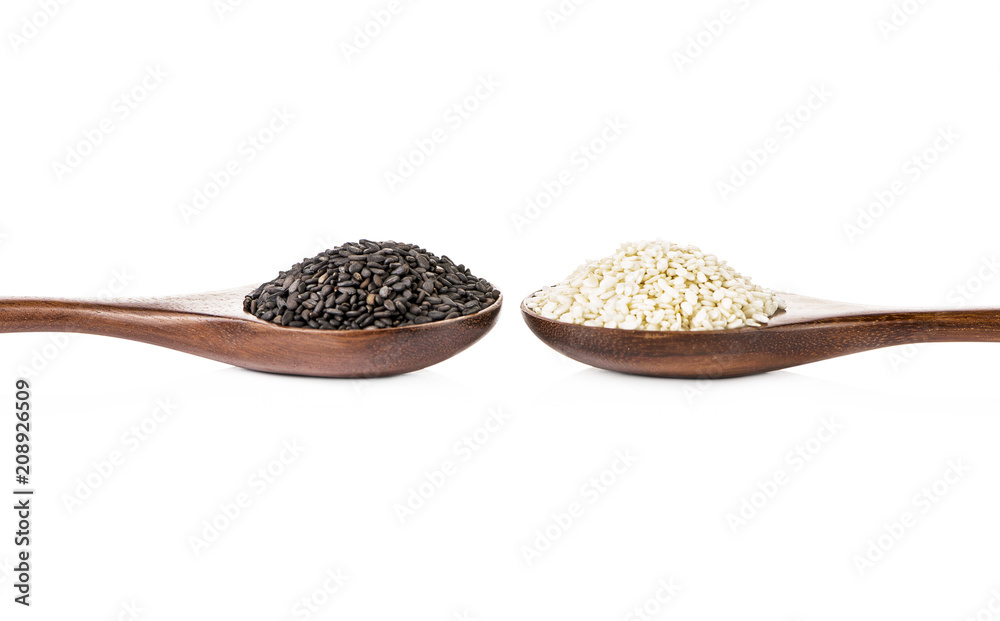 Wooden spoon with poppy seeds and white sesame seeds on a white background Wooden spoon with poppy seeds and white sesame seeds on a white background