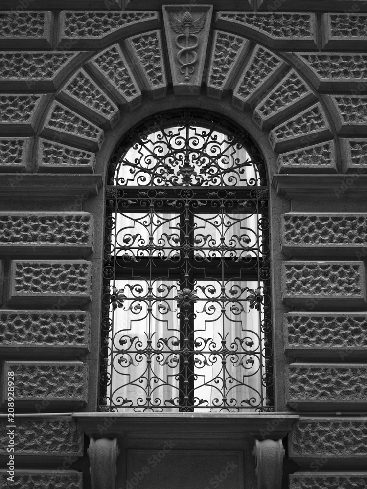 Low angle view of window in an historical building, Belgrade, Serbia