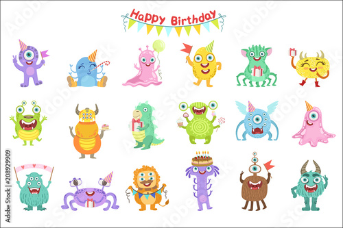 Fototapeta Naklejka Na Ścianę i Meble -  Friendly Monsters With Birthday Party Attributes