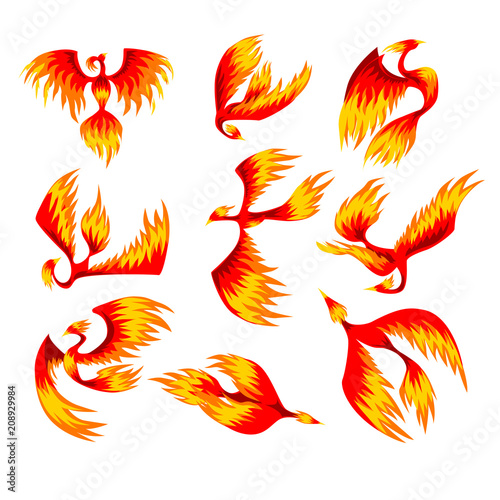 Flaming phoenix bird set, fairy tale character from Slavic folklore vector Illustrations on a white background