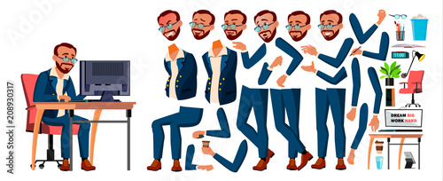 Office Worker Vector. Turkish. Turk. Animation Creation Set. Businessman Worker. Lifestyle Generator. Animated Elements. Front, Side View. Job. Partner, Clerk, Servant, Employee. Cartoon Illustration