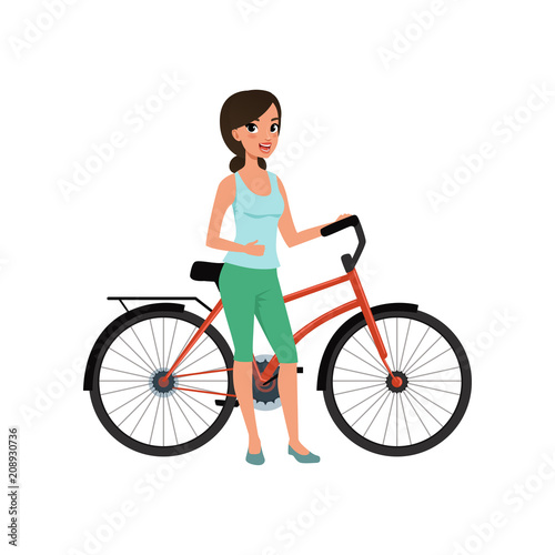 Beautiful woman standing next to her bicycle, active lifestyle concept vector Illustrations on a white background