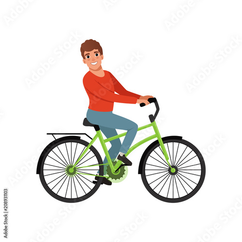 Fototapeta Naklejka Na Ścianę i Meble -  Male bicyclist riding a bike, active lifestyle concept vector Illustrations on a white background