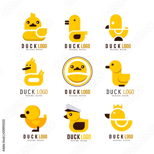 Duck logo set, design elements with yellow toy rubber duck for your own design vector Illustrations on a white background