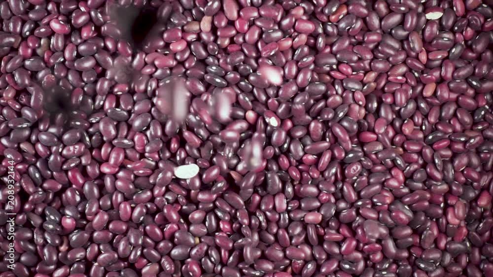 Slow motion red dry beans fall from under the camera on a bunch of beans Slow motion red dry beans fall from under the camera on a bunch of beans