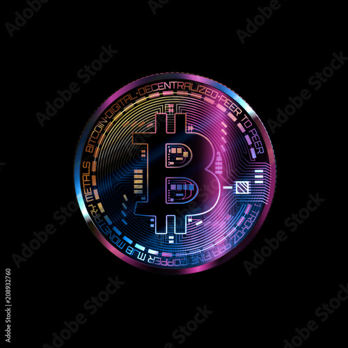 Bitcoin with glowing lights..Colorfull  bitcoin symbol. Coins on black background. photo
