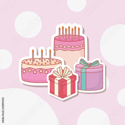 happy birthday postcard with cake and gifts vector illustration design