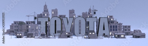 Toyota lettering name, illustration 3d rendering city with gray buildings .
