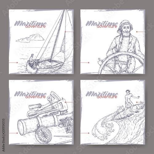 Four banners with old captain, navigational instruments, sailboat and surfer sketch. Maritime adveture series.