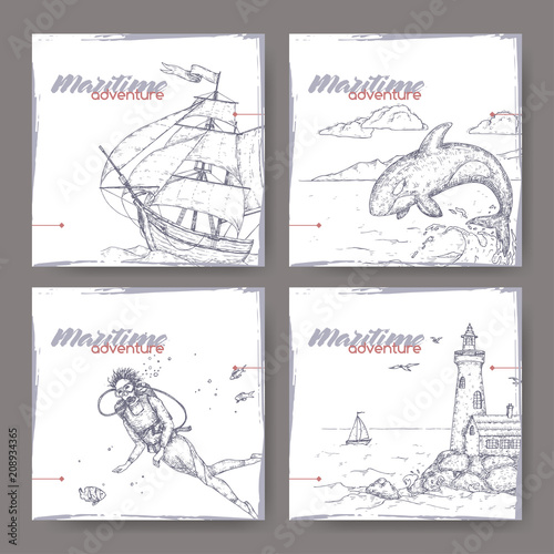 Four banners with tall ship, lighthouse, scuba diver and jumping whale sketch. Maritime adveture series.