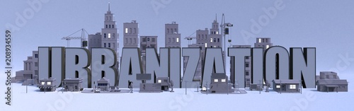 Urbanization lettering name, illustration 3d rendering city with gray buildings .