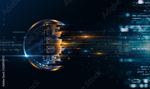 Bitcoin with glowing lights..Gold bitcoin symbol. Coins on black background. photo