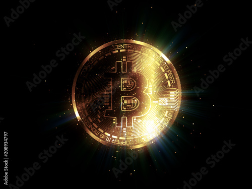 Bitcoin with glowing lights..Gold bitcoin symbol. Coins on black background.