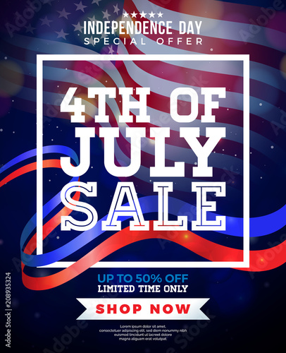 Fourth of July. Independence Day Sale Banner Design with Flag on Dark Background. USA National Holiday Vector Illustration with Special Offer Typography Elements for Coupon, Voucher, Banner, Flyer