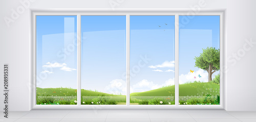 Room hotel or house  apartment  with a huge panoramic window  a door and a view of the natural green landscape. Vector graphics