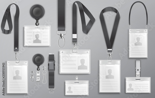 Set of realistic employee identification card on black lanyards with strap clips, cord and clasps vector illustration