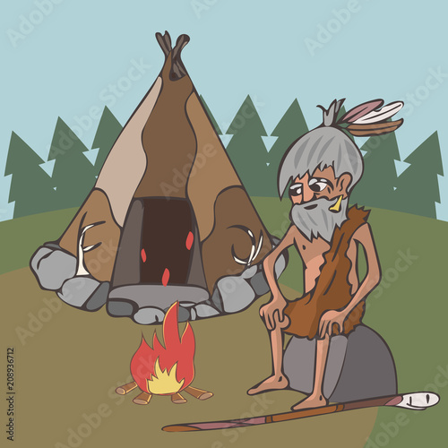primitive oldman near hut and bonfire