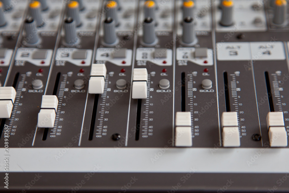 Audio studio sound mixer equalizer board sliders, faders and knobs Audio studio sound mixer equalizer board sliders, faders and knobs