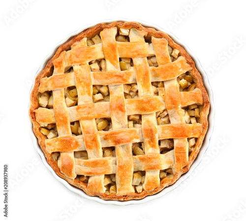 Tasty homemade apple pie on white background