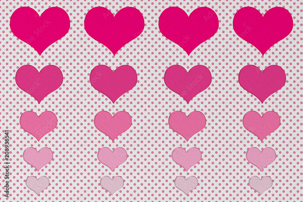 Big to small size of red heart and small dots on white background with wall texture Big to small size of red heart and small dots on white background with wall texture