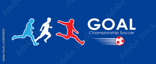 Goal Soccer players with soccer ball silhouette isolated on blue background, football vector world cup competition international sports games banner, dynamic athletic people running