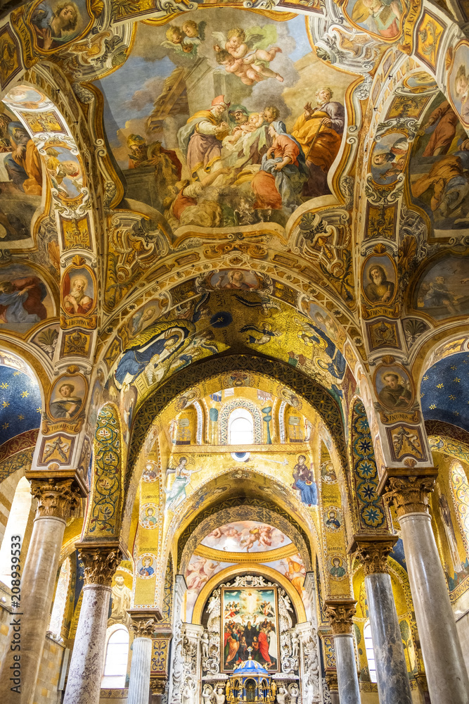 The vault decorated with beautiful Byzantine mosaics of the 12th century and the newer part is decorated with later frescoes the 18th century in the Martorana church.
