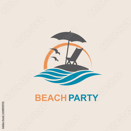 emblem of summer vacation with reclining chair and umbrella on island