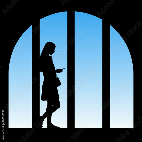 Standing girl at big city window. Vector illustration with isolated silhouette of woman with mobile phone. Blue pastel background