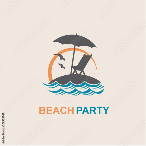 emblem of summer vacation with reclining chair and umbrella on island
