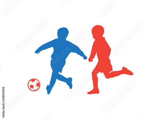 Kids soccer players with soccer ball silhouette isolated on white background, football vector summer camp competition team sports games banner, dynamic athletic children run, activity, fitness club