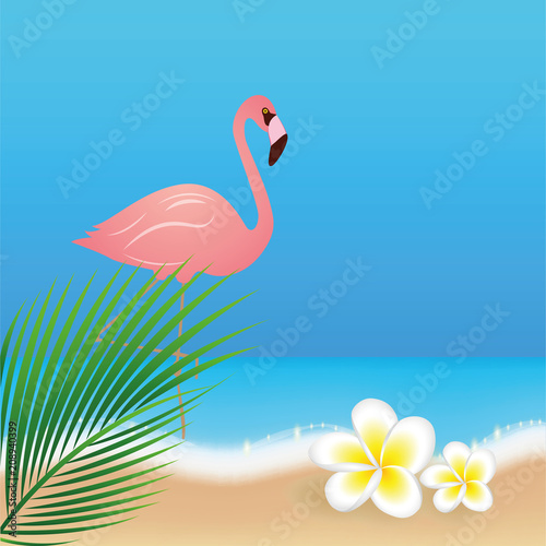 rosa flamingo am strand mit palmenblatt und frangipani blüte